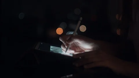 Close up Of Female Hands Drawing On The Tablet Late Dark Night. 4K Stock Footage 120356144