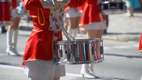 Close-up of female hands drummers are knocking in the drum of their sticks Stock Footage 112754214