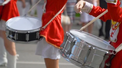 Close-up of female hands drummers are knocking in the drum of their sticks Stock Footage 112754252