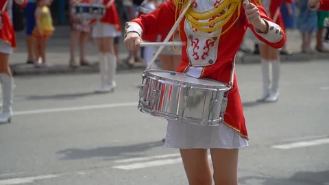 Close-up of female hands drummers are knocking in the drum of their sticks. Slow Stock Footage 112754258