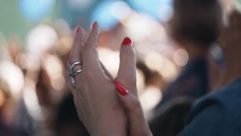 Close-up of female hands during applause. The girl applauds the speakers Stock Footage 114536304