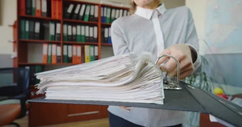 Close up. Female hands of office worker or accountant. open document folder. Stock Footage 142689411