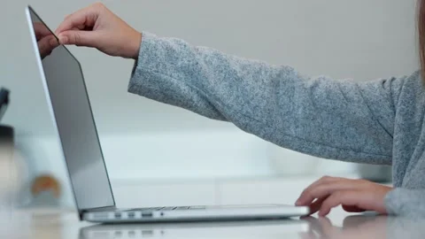 Close up of female hands opening computer and teaching with one hand. Student Stock Footage 165569241