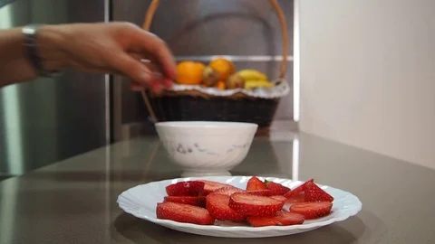 Close Up Female Hands Slicing Fresh Organic Strawberries Stock Footage