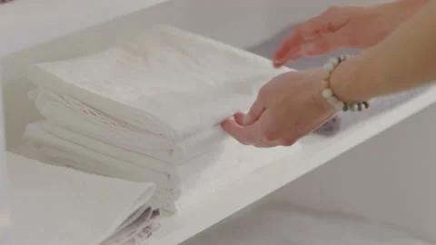 Close-up female hands take clean, fresh folded white towel from shelf. Stock Footage 197658077