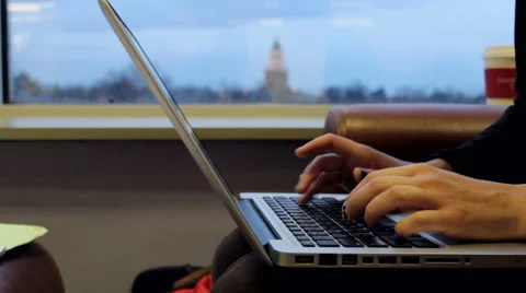 Close Up Of Female Hands Typing With Clocktower In Background Stock Footage 58226358