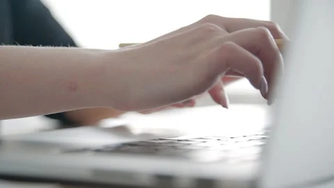Close up of female hands typing text on laptop keyboard. Video stock 89964653