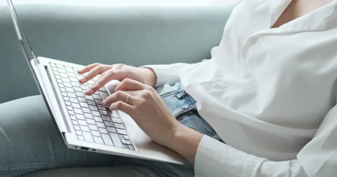 Close up female hands using keyboard, writing emails using internet Видео 158382018
