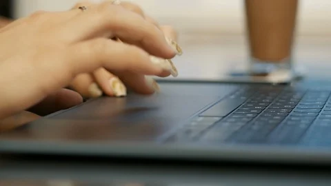 Close-up of female hands using touchpad and surfing internet, modern student Stock Footage 119846043