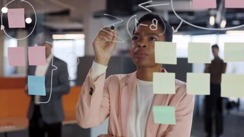 Close up of female office worker using glass board and proposing her problem Stock Footage 169110103