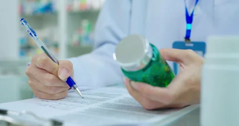 Close up female pharmacist hand writing drug detail in paper. Stock Footage 252171856