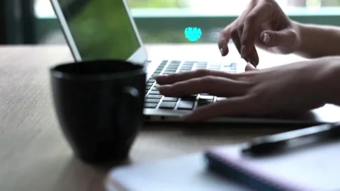 Close up of a female professional typing on her laptop keyboard, working on a Stock Footage 344782509