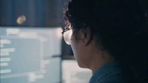 Close-up of Female Programmer Focused on Code at Night. Video stock 307586511