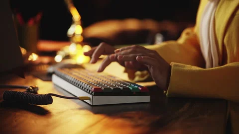 Close-up of female programmer typing on retro computer keyboard in office Stock Footage 321071930