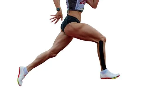 Close-up female runner sprinter running track stadium isolated Stock Photos