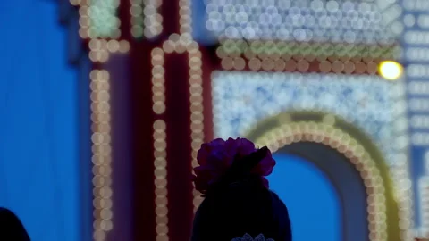 Close-up of the Feria de Abril arch lit up with'bright marquee lights Stock Footage 321125931