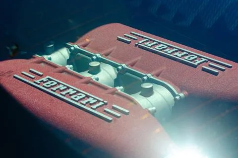 Close-up of a Ferrari engine, showcasing the iconic logo Stock Photos