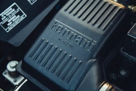 Close-up of Ferrari logo on engine part of classic Berlinetta Stock Photos