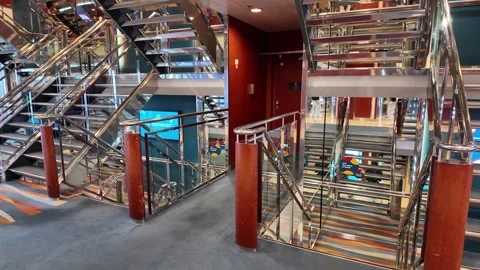 Close Ferry Staircase with Chrome Rails and Red-brown Columns Stock Footage 347683371