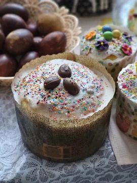 Close-up of festive Easter cake with decorative icing Stock Photos