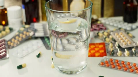 Close-up fill-in video of a pill falling into water and bursting open. Stock Footage 278315501