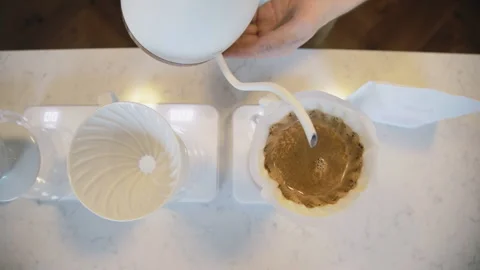 Close up of filter coffee maker, kettle with thermometer and digital scale on Stock Footage 165771021