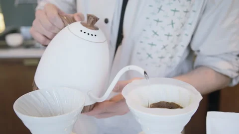 Close up of filter coffee maker, kettle with thermometer and digital scale on Stock Footage 165922416