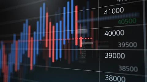 Close-up financial trading chart with red and blue candlesticks, showing market Stock Illustration