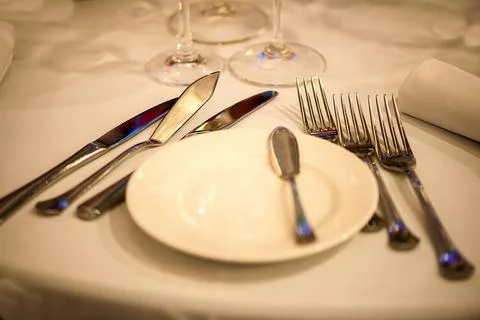 Close Up Fine Dining Tableware Arrangement With Elegant Details Stock Photos