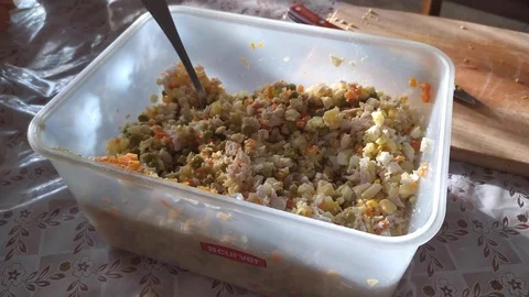Close-up. finely chopped vegetables and meat in a container. Stock Footage 121004237