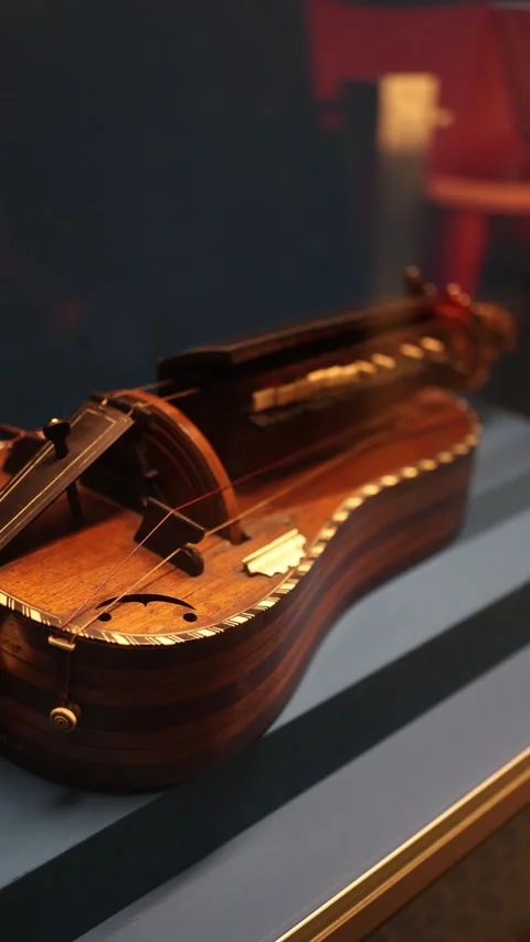 A close-up of a finely crafted hurdy-gurdy, showcasing its elegant design and in Stock Footage 293470963