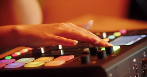 Close-up of finger pressing button on colorful audio mixer in studio Video stock 315764543