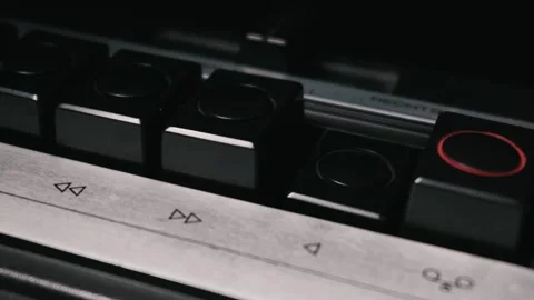 Close Up Finger Pressing Play Button on Retro Audio Cassette Tape Player Stock Footage 333819356