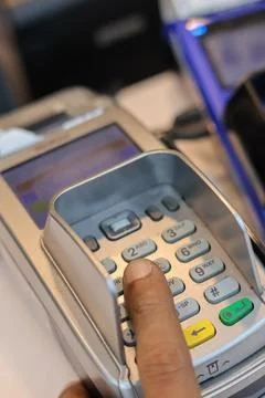 Close up finger push button EDC machine Stock Photos