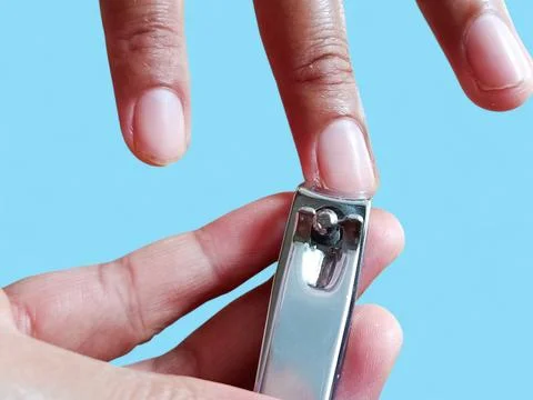 Close Up of Fingernail Clipping Using Stainless Steel Nail Clipper on Blue Backg Stock Photos