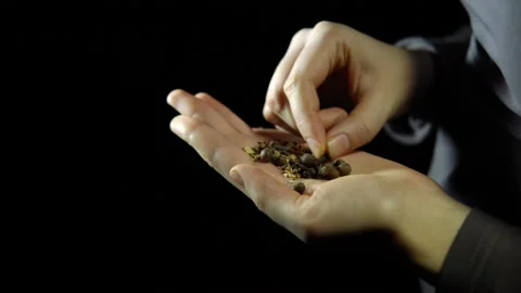 Close-up of fingers move a different spice in hand on a black background. Stock Footage 86595163