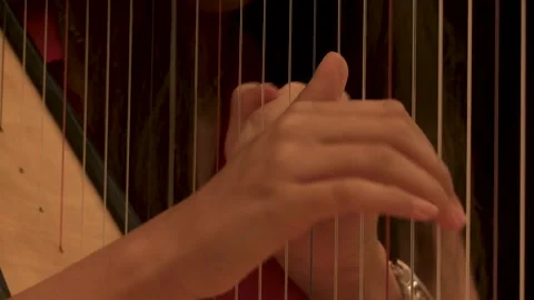 Close-Up of Fingers Plucking Harp Strings Stock Footage 296845833