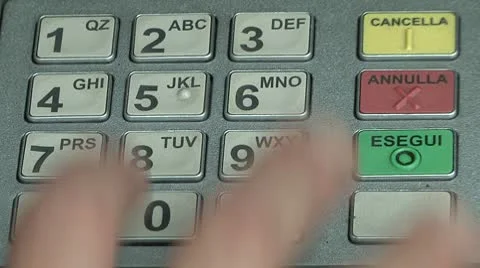 Close up fingers pushing "5" button on ATM, Bancomat Stock Footage 8846486