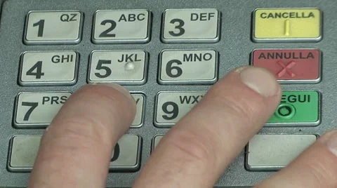 Close up fingers pushing "8" button on ATM, Bancomat Stock Footage 8846497