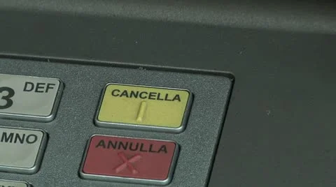 Close up fingers pushing "CANCELLA" button on ATM, Bancomat Stock Footage 8846459