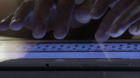 Close Up of Fingers Typing on Tablet in Dark Room Technology Concept Shot Stock Footage 90734374