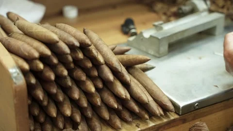 Close up of finished handmade cigars in stack. Process male hands making cigars Stock Footage 246740435