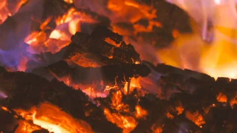 Close up of fire and flames of a bonfire burning in the night Stock Footage 72478283