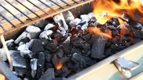 Close Up Of Fire In BBQ 4K Slow Motion Stock Footage 212076657