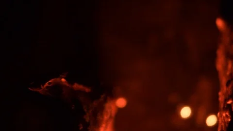Close up of fire in a fireplace in the night with very shallow focus area. Stock Footage 96364609