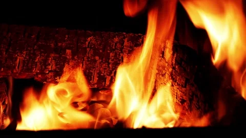 Close-up of fire flames in fireplace with burning wood Stock Footage 318380793