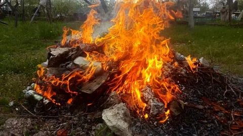 Close up of a fire in the garden, fire background Stock Photos