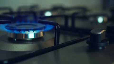 Close up fire gas burning on stove burner Stock Footage 203840375