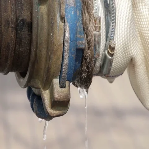 Close, fire hydrant spraying water, connected to hose line. 스톡 동영상 69548734