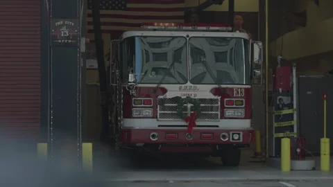 Close-up of fire truck inside station garage, San Francisco Stock Footage 333580615